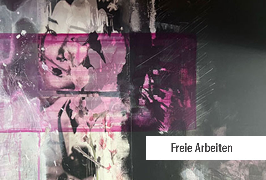 Geisha, Collage mit Acyl überarbeitet, Pink, Grau und Schwarz