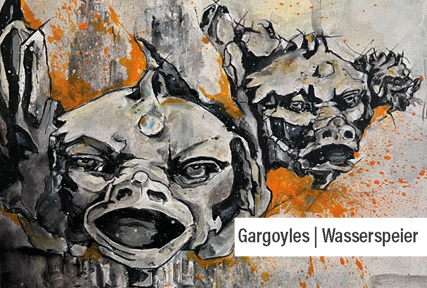 Monochromes Acrylbild (30 x 30 cm) eines geflügelten Wasserspeiers mit Hundekopf, menschlichen Augen, Hörnern und weit geöffnetem Maul, vor unscharfem Kölner Dom. Umrahmt von orangefarbenen Farbspritzern.