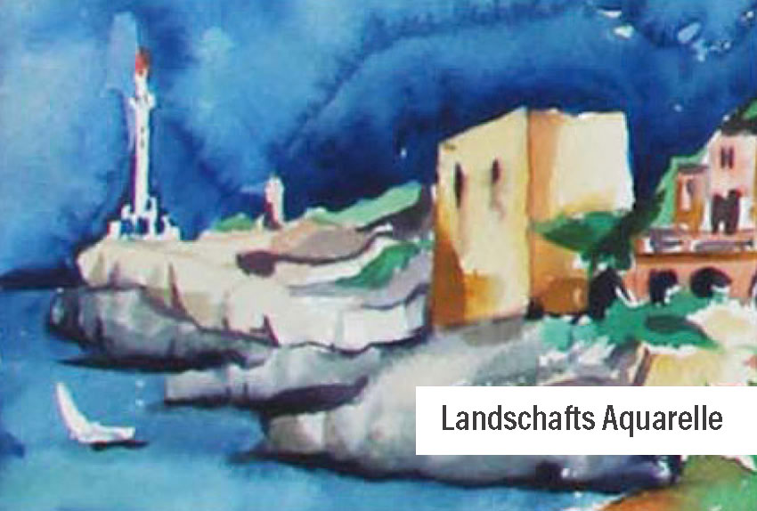 Aquarell Mallorca: Felsen mit Leuchtturm und eintzelnen Hütten, Meer