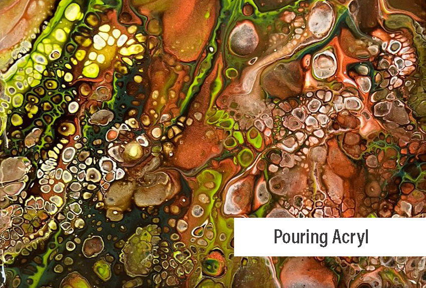 Kupfer, Grün, Rostrot und Weiß laufen in grossen und kleinen Blasen organisch zusammen, Pouring, Minkart, Köln