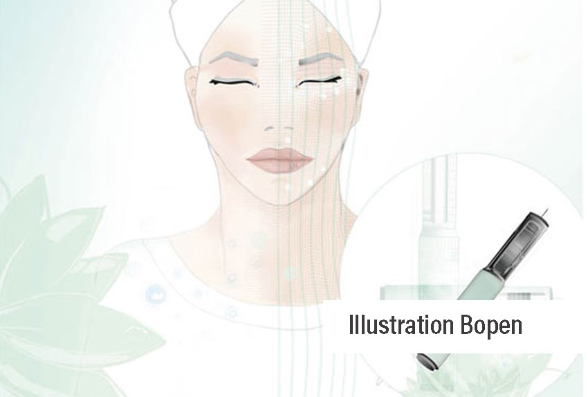 Illustration,  Portrais einer schönen Frau mit Wellness - Turban, im Vordergrund ein Pen, als Technische Zeichnung mit feinen Rasterlinien im Hintergrund. Zarte Pastelltöne. Minkart, Illustration, Köln 