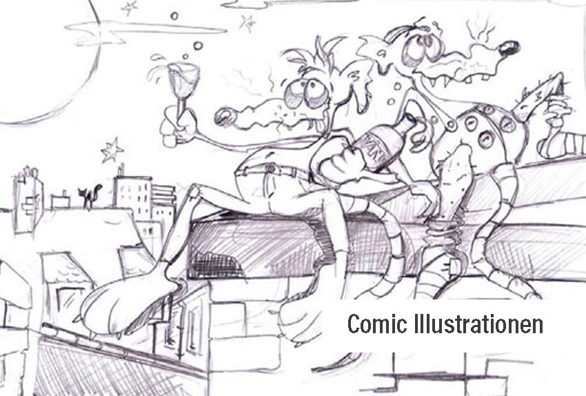 Bleistiftscribbel:2 Comic ratten sitzen wie Menschen enthemmt auf einem Dach und haben jeweils ein Weinglas in der Hand. Minkart, Köln, Comic Zeichnung.