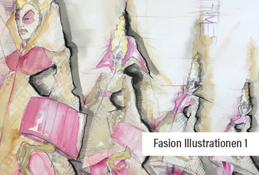 4 elfenhafte Frauen in Perspektive mit einem beigen SteppMantel mit grossen Pinkfarbenen Kederstulpen, Aquarellierte Modezeichnung Mink Art. 