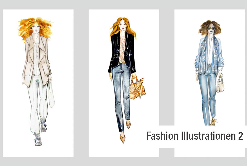 Bild zeigt eine aquarellierte Modezeichnung dreier Frauen, die gehen aug einen zukommen. Modeillustrationen Minka Seifert, Minkart, köln 