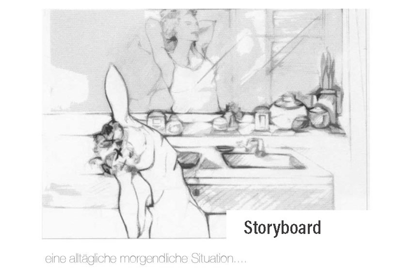 Storyboard Frau vorm Spiegel, Bleistiftzeichnung,  Illustration Minka Seifert